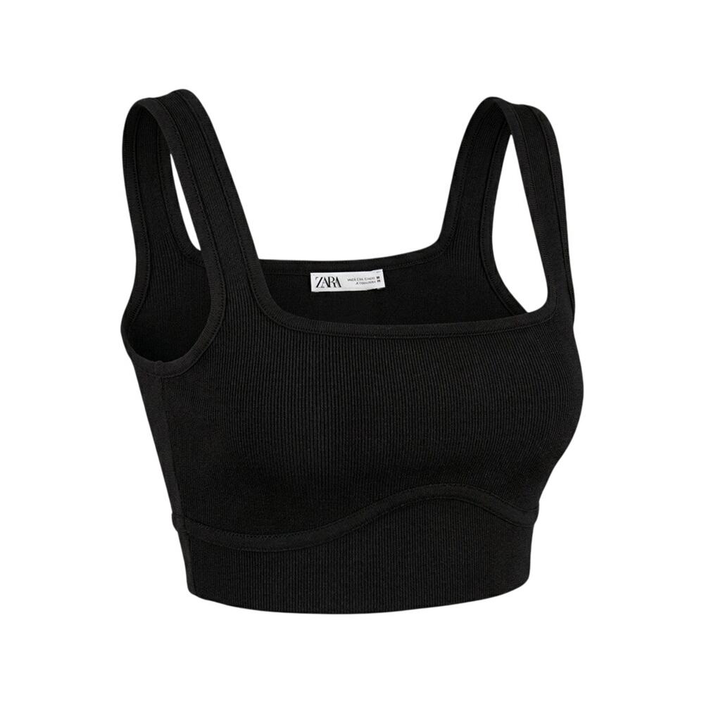 ZARA Black Knit Crop Top S Square Neck Corset Tank Ribbed Clean Girl Capsule